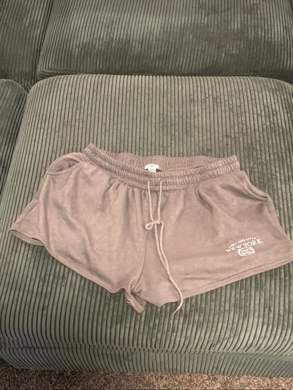 Women’s Athletic Terry Drawstring Shorts in Taupe with New York Graphic
